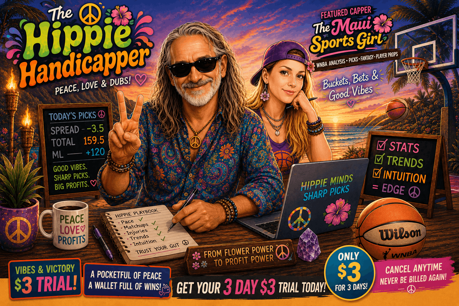 Hippie Handicapper — Peace, Love & Dubs. Featuring The Maui Sports Girl. $3 for 3 days trial.